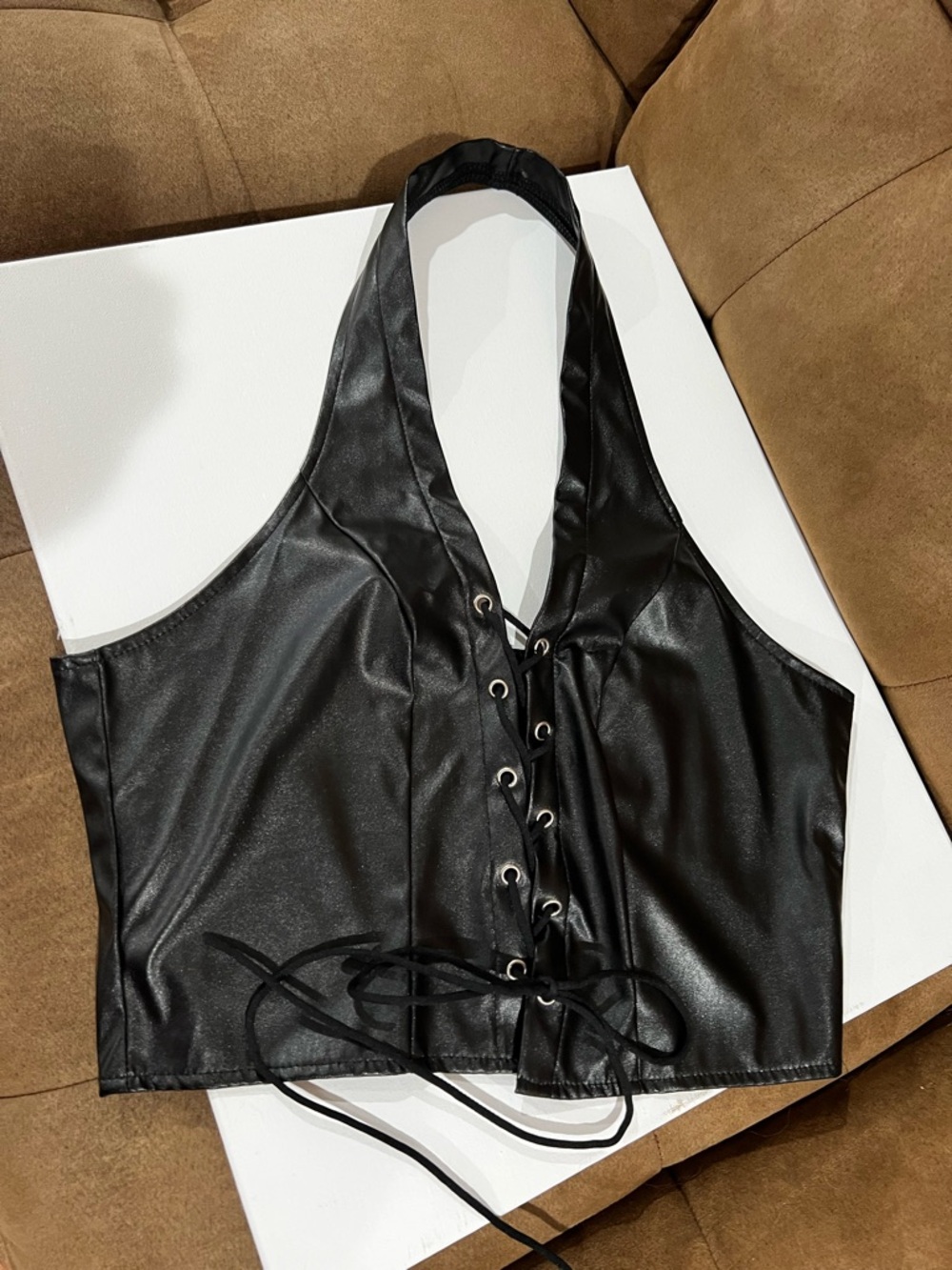 Black Faux Leather Lace-Up Halter Crop Top